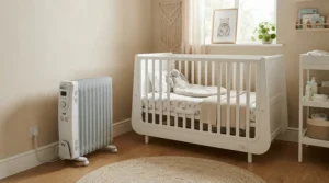 A safe energy efficient oil heater gently heating a child's bedroom on a chilly day.