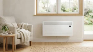 A sleek white energy efficient oil heater blending into a contemporary home interior.