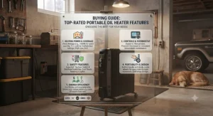 Buying guide infographic showing key factors to consider when choosing the best portable oil heater.