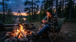 Hiker sitting in a camp chair by the fire wrapped in a battery operated heated blanket for camping