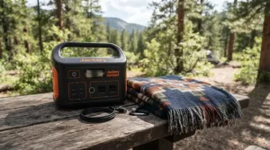 High capacity power bank mAh next to a folded battery operated heated blanket for camping in a backpack