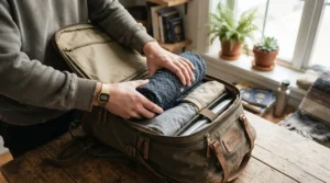 Compact travel roll of a battery operated heated blanket for camping packed into a hiking backpack
