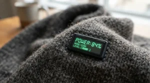 Digital battery runtime indicator glowing on a battery operated heated blanket for camping during a chilly evening outdoors