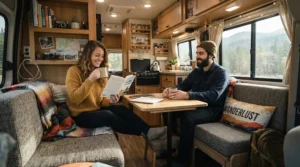 A couple relaxing on an RV sofa using a battery operated heated blanket for camping during a road trip