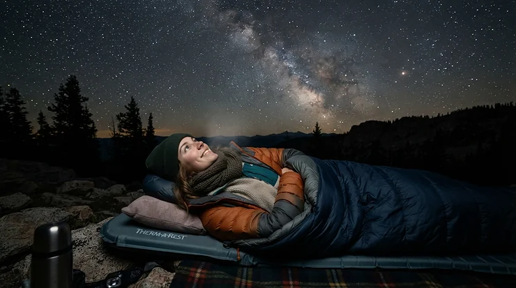 Person lying on a sleeping mat stargazing while using a battery operated heated blanket for camping