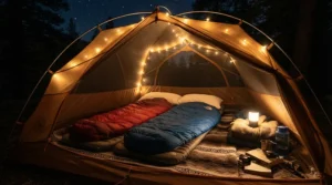 Safe nighttime use of a battery operated heated blanket for camping inside a mesh-ventilated tent under starry skies