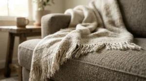 A budget fleece heated throw blanket for couch showcasing its soft texture draped across a fabric sofa.