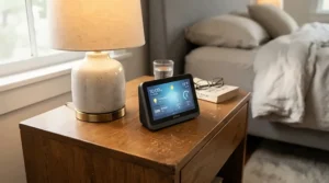 Nightstand view highlighting dual controller settings on a modern dual control heated blanket for couples in a cozy bedroom.