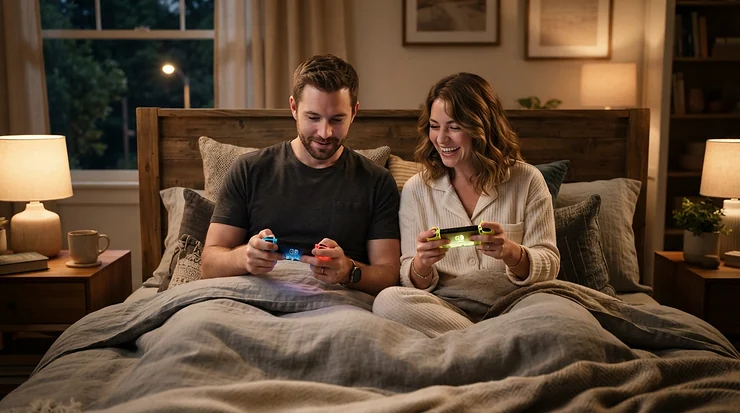 Partners smiling in bed while adjusting their side of a his and hers heated blanket using a dual control heated blanket for couples.