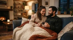A smiling couple relaxing on a living room couch together under a dual control heated blanket for couples on a chilly evening.