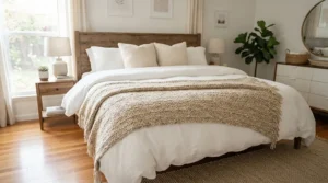 A two controller electric blanket queen size laid out neatly across a master bed, showcasing a dual control heated blanket for couples.