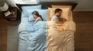 Demonstration of split-zone electric bedding features on a dual control heated blanket for couples with independent warmth zones.