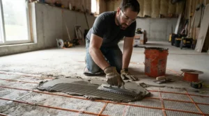 Installing an electric floor heating mat to warm up a chilly basement floor surface