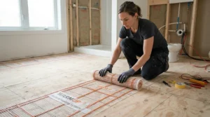 Installing an electric floor heating mat on a subfloor prior to laying ceramic bathroom tiles