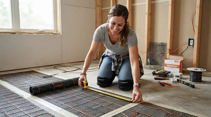 Homeowner working on a DIY electric floor heating mat setup in a residential renovation