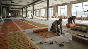 Laying down an electric floor heating mat for a comfortable living room tile upgrade
