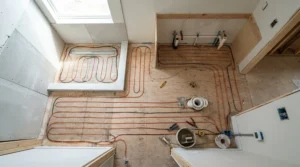 Custom-fit electric floor heating mat in a spacious master bathroom renovation