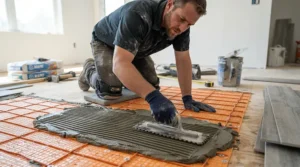 Applying mortar over an electric floor heating mat before setting porcelain tiles