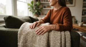 A person warming achy hands under an electric heated blanket for arthritis pain relief on the couch.