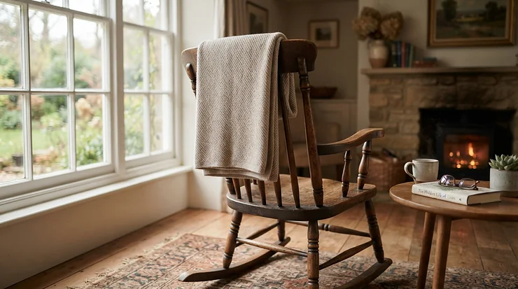 A lightweight electric heated blanket for arthritis pain relief folded neatly over a rocking chair.