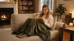 An electric heated blanket for arthritis pain relief draped over a person relaxing on a living room sofa.