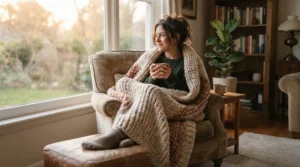 Using an electric heated blanket for arthritis pain relief to ease morning stiffness while sitting in an armchair.