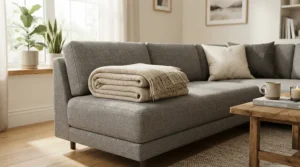 An energy-saving heated throw blanket for couch folded on a minimalist gray sofa.