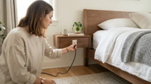Demonstration of plugging in a heated mattress pad for lower back pain near the headboard.