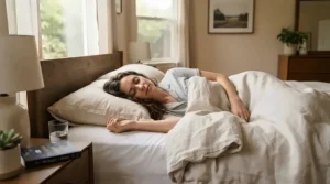 Peaceful overnight resting posture supported by a heated mattress pad for lower back pain.