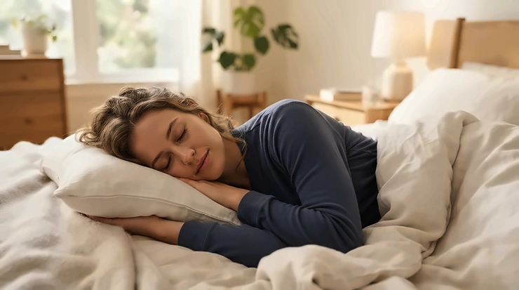 Side profile of someone experiencing deep muscle relaxation on a heated mattress pad for lower back pain.