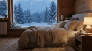 A cozy bedroom setup during a snowy night featuring a heated mattress pad for lower back pain.
