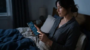 Using a smartphone app to control a heated mattress pad for lower back pain before sleep.