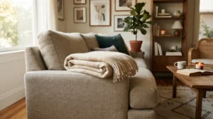 A cozy heated throw blanket for couch draped over a modern living room sofa during a chilly evening.