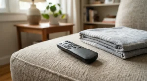 A heated throw blanket for couch showing a digital control pendant resting on the cushion.