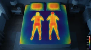Thermal imaging graphic showing even heat distribution across a king heated mattress pad with dual controls for couples.