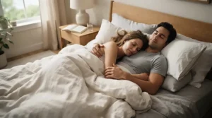 A mixed temperature couple resting comfortably on a king heated mattress pad with dual controls for couples.