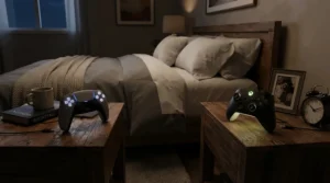 Close-up of two controllers on nightstands for a king heated mattress pad with dual controls for couples showing different temperatures.