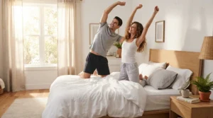 A relaxed couple waking up refreshed after using a king heated mattress pad with dual controls for couples.