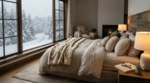 Cozy winter bedroom setup featuring a king heated mattress pad with dual controls for couples.