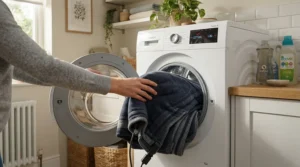 A machine washable heated blanket for dog owners being loaded into a home washing machine after removing pet hair.
