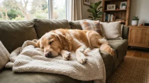 A machine washable heated blanket for dog owners draped over a living room sofa with a golden retriever resting comfortably.