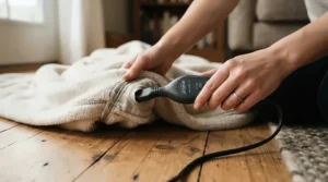 A machine washable heated blanket for dog owners showing the safe detachable controller unit.