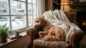 A machine washable heated blanket for dog owners keeping a curly coated doodle warm on a snowy afternoon.