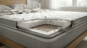 Energy-efficient heating elements inside a queen heated mattress pad for cold sleepers shown in a cutaway diagram.