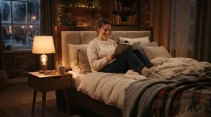 A person relaxing comfortably in bed after using their queen heated mattress pad for cold sleepers with fast preheat function.