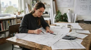 Homeowner reviewing heated floor installation cost estimates and project budget paperwork at a kitchen table.