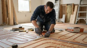 Professional contractor installing an electric floor heating system mesh before laying down flooring.