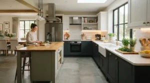 Cooking in a spacious modern kitchen featuring efficient radiant floor heating beneath large format tiles.