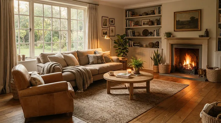A cozy modern living room setup highlighting radiant floor heating beneath hardwood floors during winter.