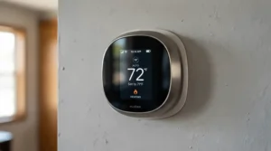 Digital wall-mounted smart thermostat controlling a home radiant floor heating system.